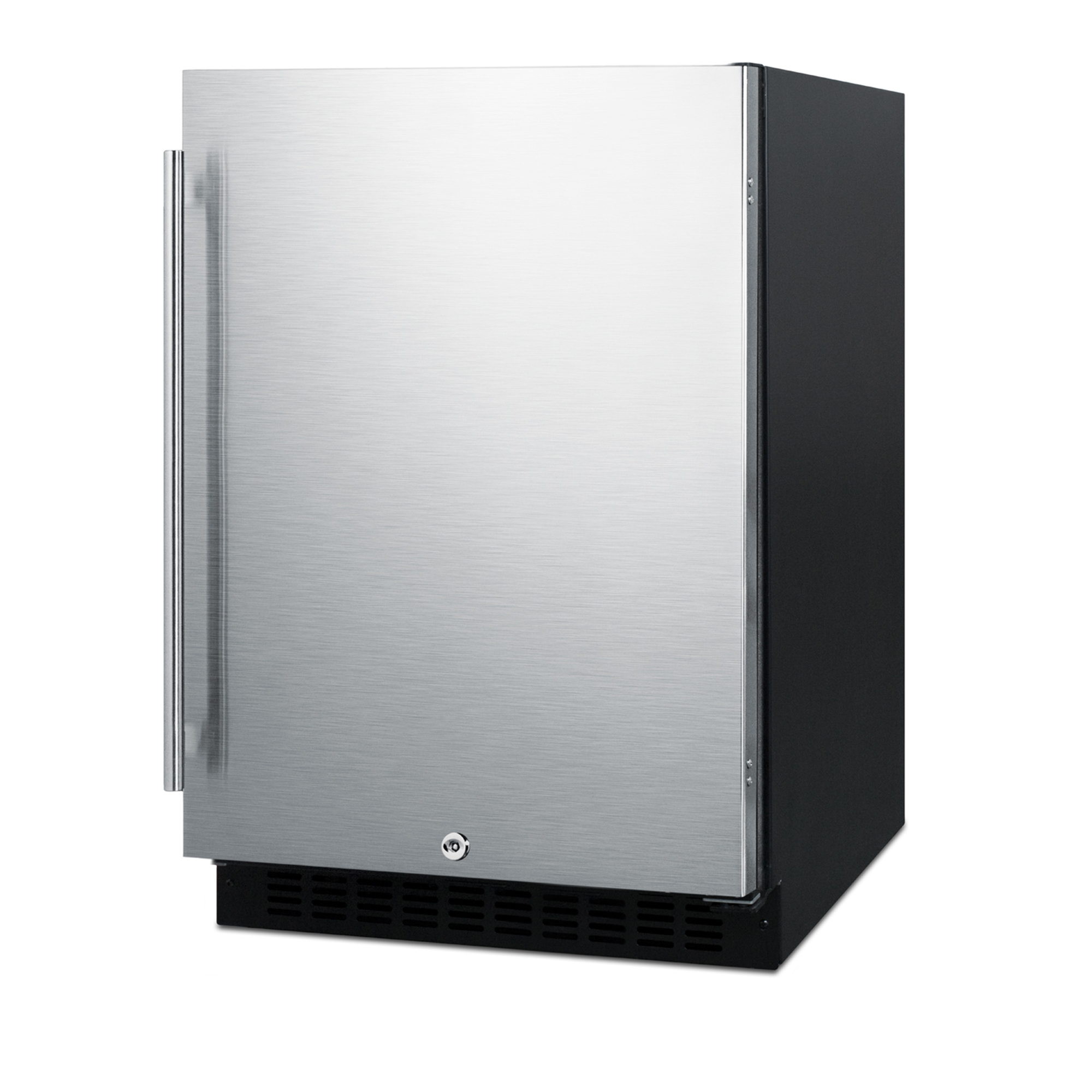 Built-in undercounter ADA compliant all-refrigerator with stainless steel door, black cabinet, door storage, lock, and digital controls